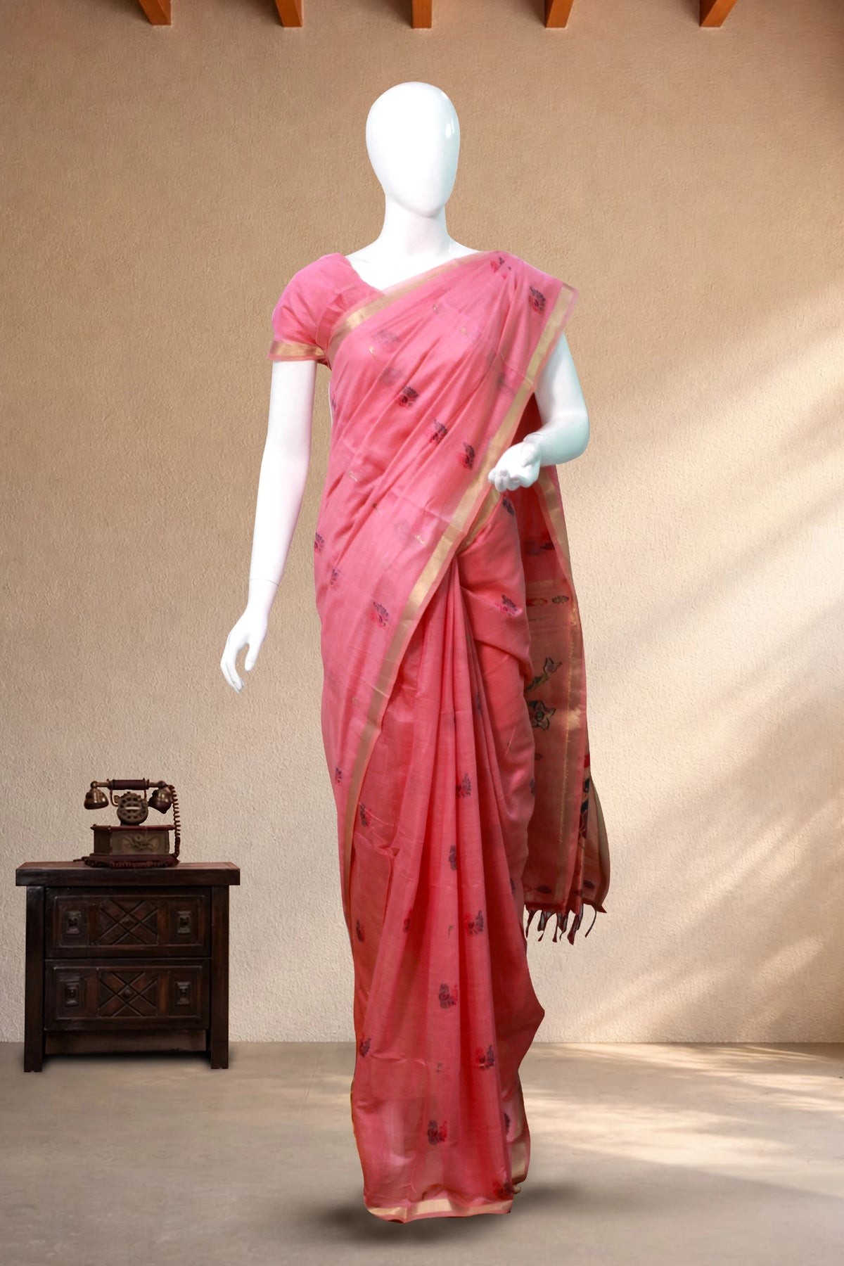 Baby Pink Tissue Silk with Paithani Print