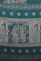 Teal Blue Maheswari Silk Saree with Mythological Kalamkari Print