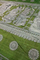 Sage Green Maheswari Silk Saree with Mythological Kalamkari Print