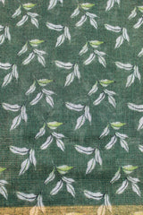 Moss Green Linen with birds and floral print