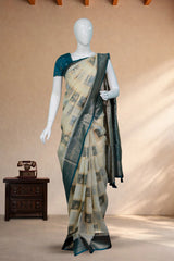 Peacock Blue Tissue Cotton/Kerala Kasavu