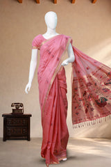 Baby Pink Tissue Silk with Paithani Print