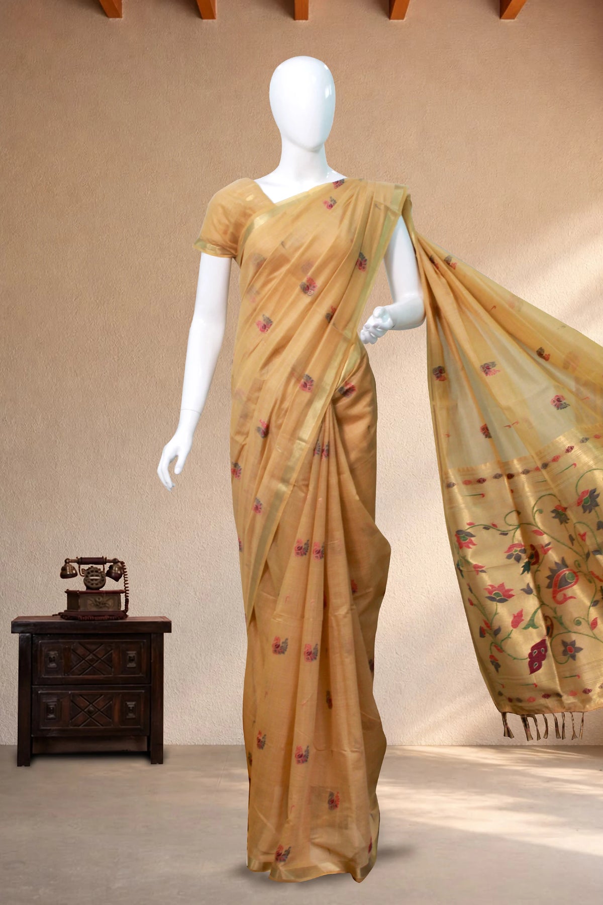 Sandal Tissue Silk with Paithani Print