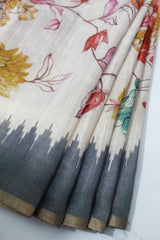 Dark Grey Linen with birds and floral print