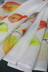 White Linen Cotton with Leaf Print