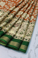 Brown-tan Maheswari Cotton with Floral Kalamkari Print