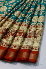 Teal Blue Maheswari Cotton with Floral Kalamkari Print