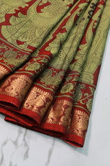 Maroon Maheswari Silk Saree with Mythological Kalamkari Print