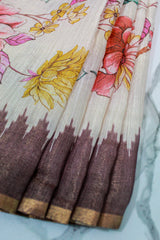 Mocha Brown Linen with birds and floral print
