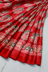 Dark Red Modal Silk (Mirror Work) with Ajrakh Block Print