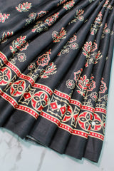 Black Modal Silk Saree with Ajrakh Block Print & Mirror Work