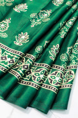 Emerald Green Modal Silk Saree with Ajrakh Block Print & Mirror Work