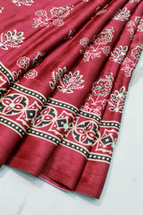 Grape Wine Modal Silk Saree with Ajrakh Block Print & Mirror Work