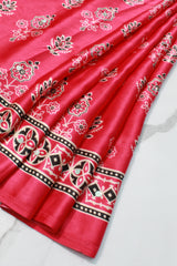 Royal Pink Modal Silk Saree with Ajrakh Block Print & Mirror Work