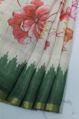 Moss Green Linen with birds and floral print