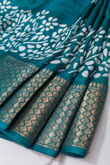 Peacock Blue Printed Cotton Saree