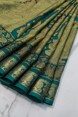Teal Blue Maheswari Silk Saree with Mythological Kalamkari Print