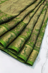 Sage Green Maheswari Silk Saree with Mythological Kalamkari Print
