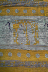 Mustard Gold Maheswari Silk Saree with Mythological Kalamkari Print