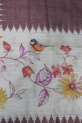Mocha Brown Linen with birds and floral print