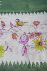 Moss Green Linen with birds and floral print