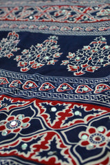 Navy Blue Modal Silk (Mirror Work) with Ajrakh Block Print